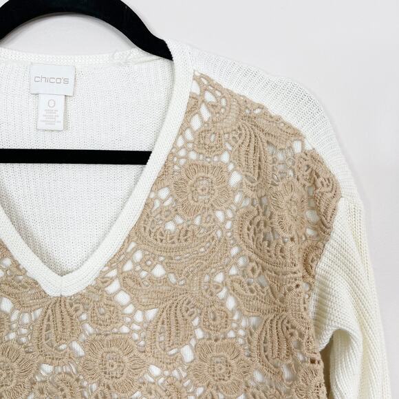 Chicos Size 0 / S Cream Beige Christina Lace Front Pullover Sweater Vneck Cotton - Picture 4 of 11
